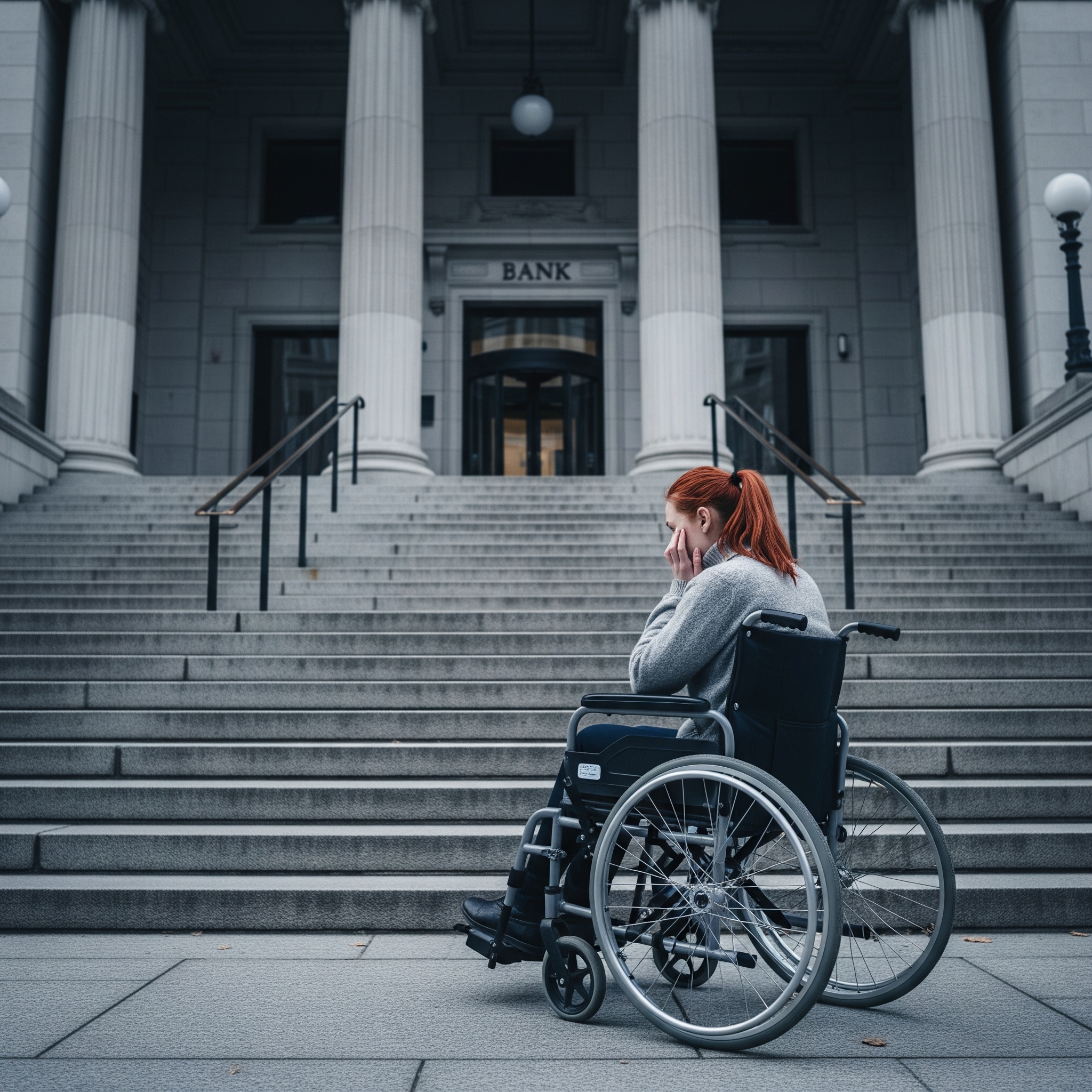 Customer in wheelchair at bottom of stairs